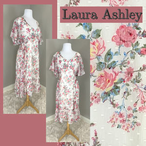LAST CHANCE!! Laura Ashley Pink Floral Retro Cottage Ruffle Smocked Midi Dress